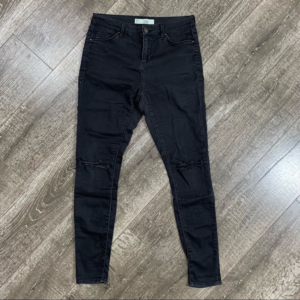 Topshop women’s distressed Leigh black moto jeans size 30x32